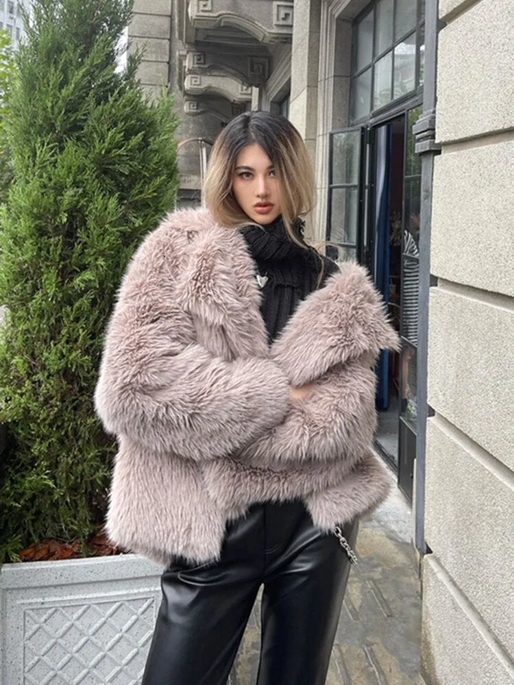 2023 Winter Warm Coat Women Mid Length Lapel Loose Faux Fox Fur Coat