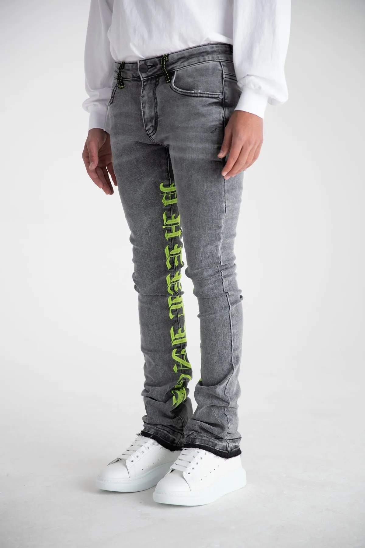 AGAINST ALL ODDS FLARE STACK DENIM CHARCOAL