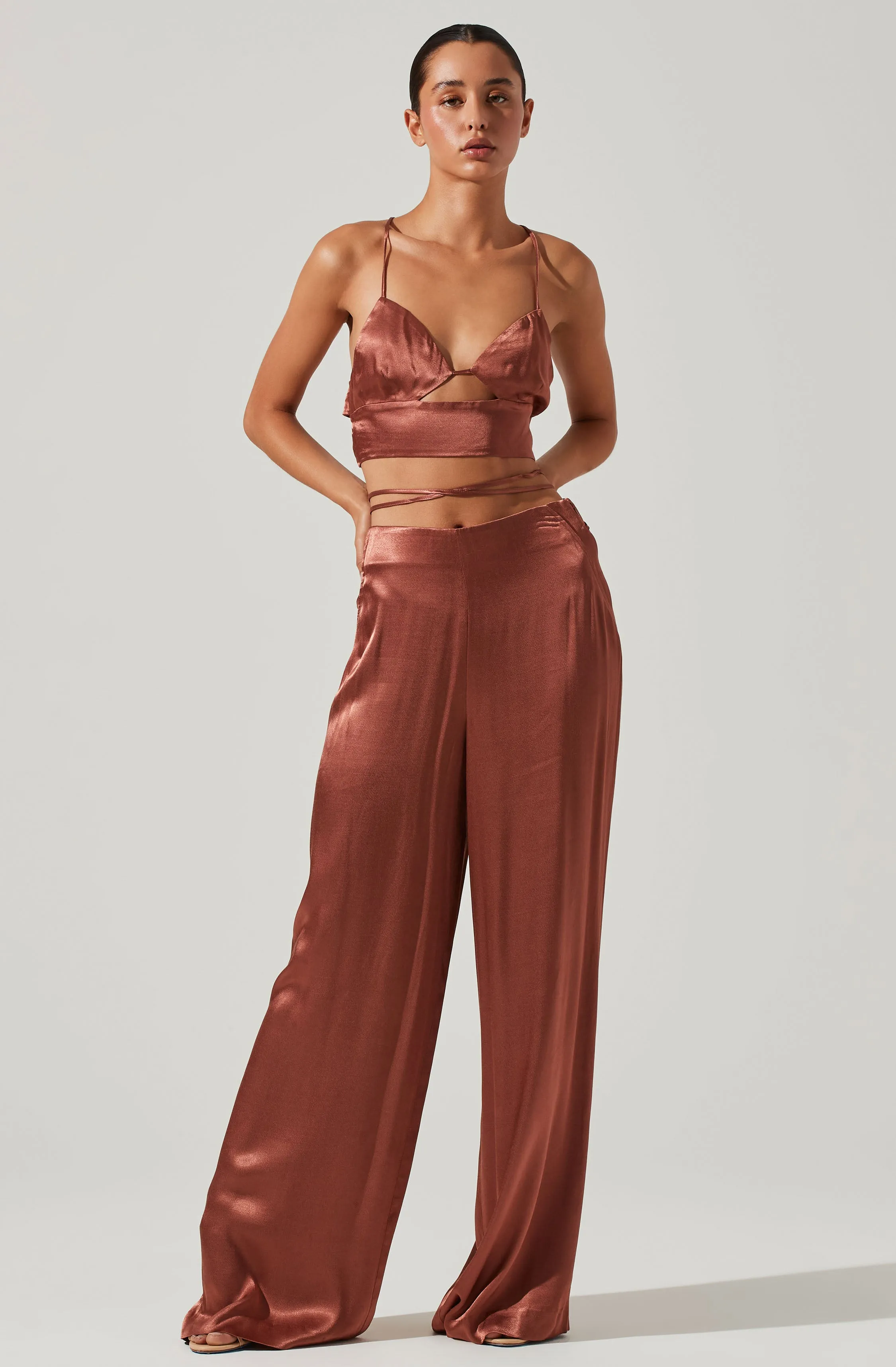 Amiah Satin Tie Waist Wide Leg Pants