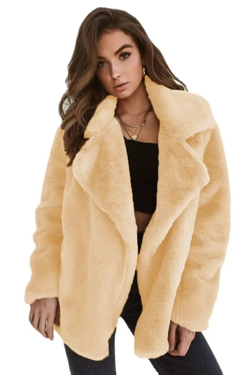 Ashore Shop New Women Faux Fur Elegant Brown Shaggy Coats Autumn Winter Warm Plush Teddy Coat Streetwear Female White Furry Fluffy Jacket