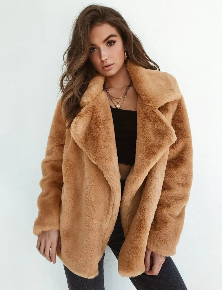 Ashore Shop New Women Faux Fur Elegant Brown Shaggy Coats Autumn Winter Warm Plush Teddy Coat Streetwear Female White Furry Fluffy Jacket