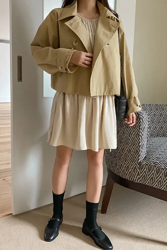 Beige Short Cropped Classic Double Breasted Trench Coats For Womens 100% Cotton Korean Clothing Clothes Outerwear Loose Fitted Spring Autumn