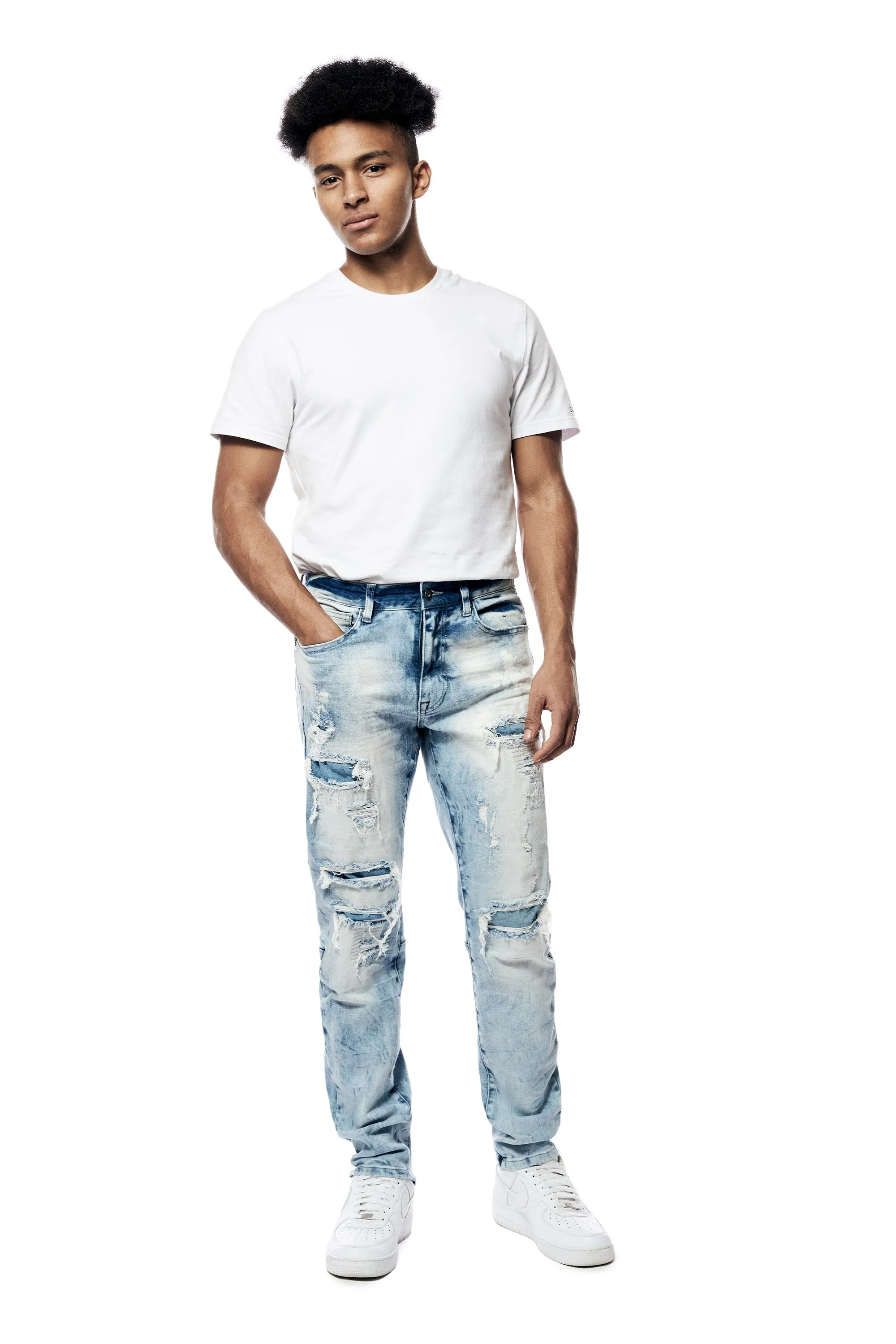 Bleach Washed Rip & Repaired Jeans - Cabana Blue