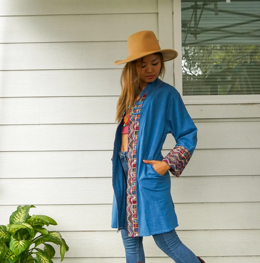 Blue Organic Cotton Boho Jacket Cardigan with Pockets