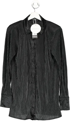 boohoo Black Satin Plisse Oversized Shirt UK 8