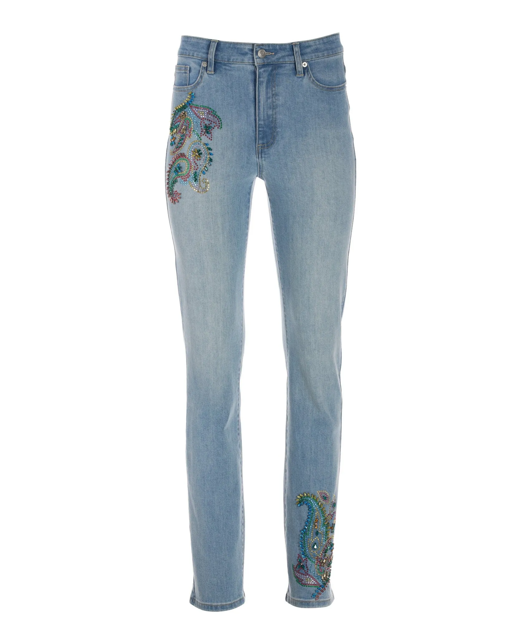 Bright Paisley Embellished Slim Straight-Leg Jean Light Denim