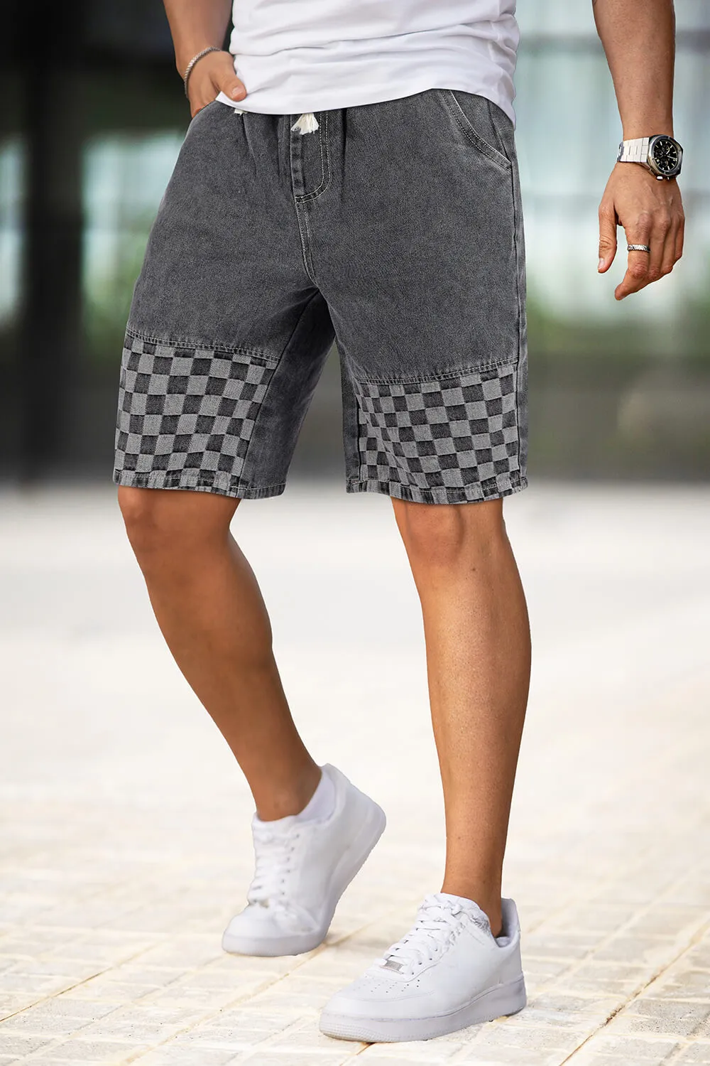 Buy $80 Free Shipping Men's Denim Short - Grey And Checkered