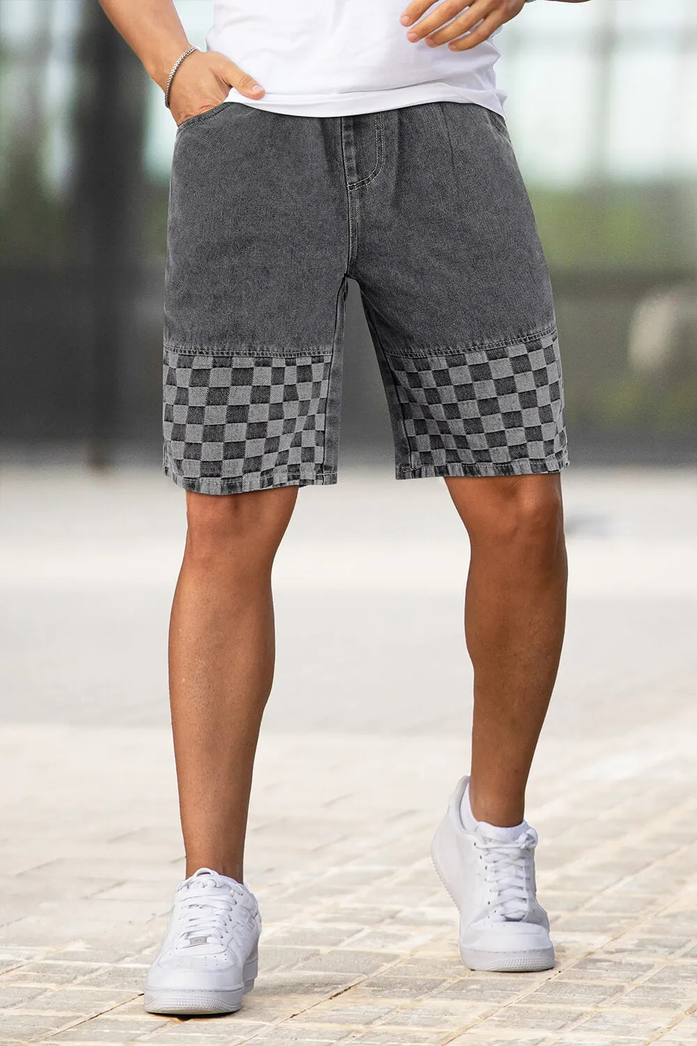 Buy $80 Free Shipping Men's Denim Short - Grey And Checkered