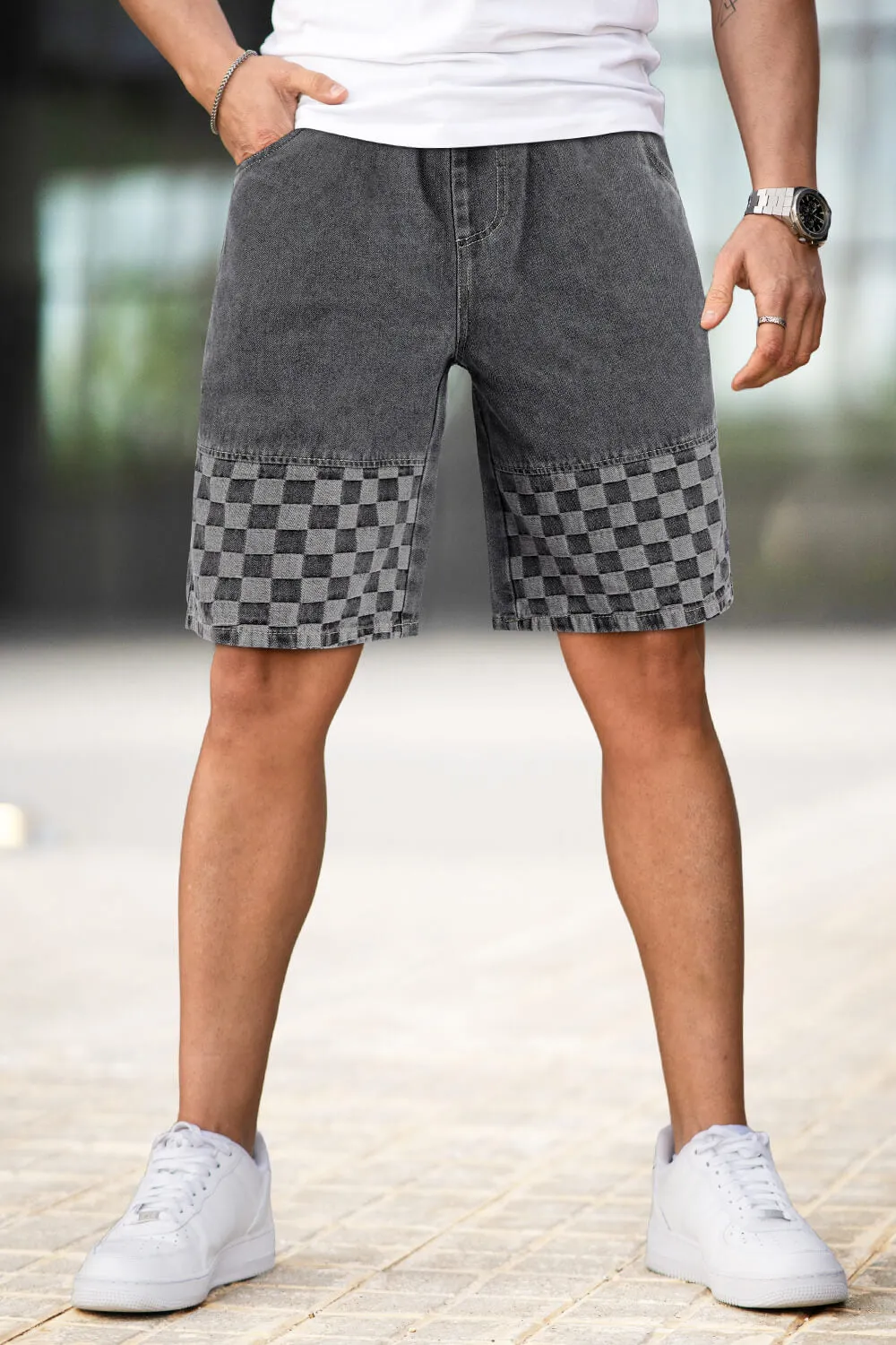 Buy $80 Free Shipping Men's Denim Short - Grey And Checkered