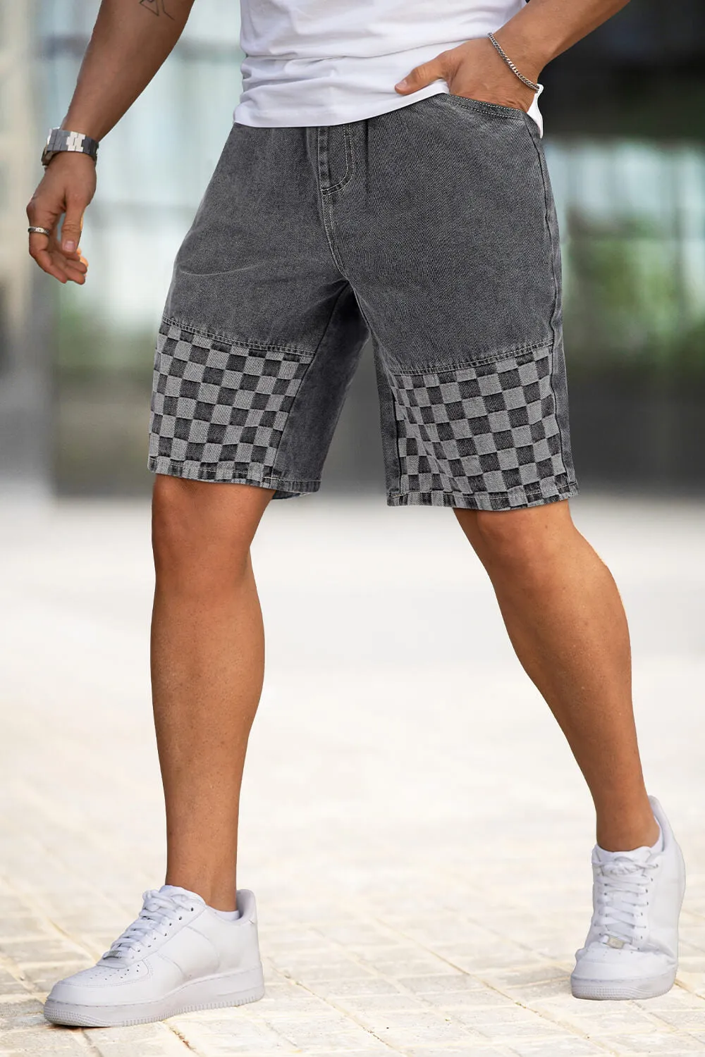 Buy $80 Free Shipping Men's Denim Short - Grey And Checkered