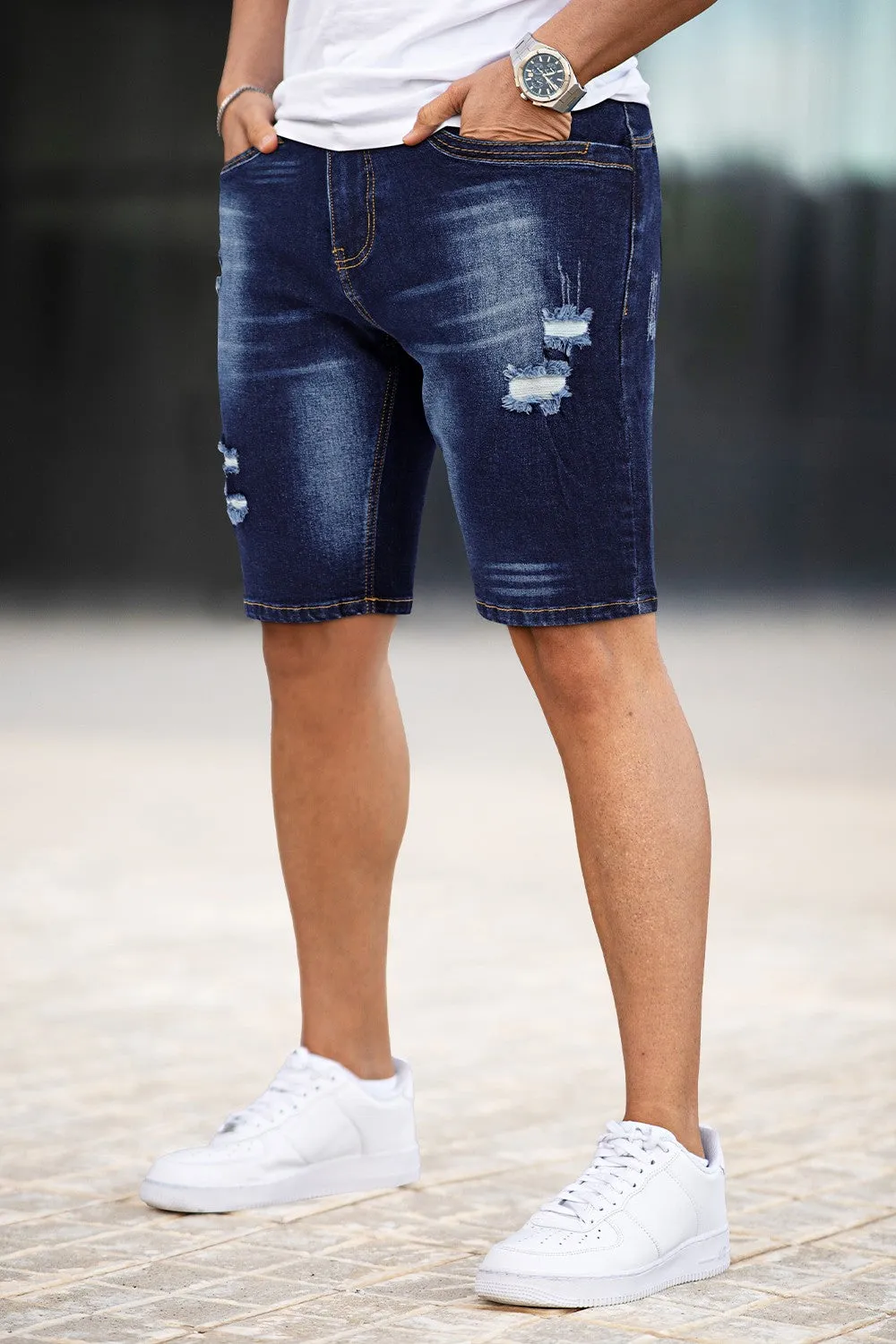 Buy $80 Free Shipping Men's Denim Short - Ripped And Dark Blue (Presale)