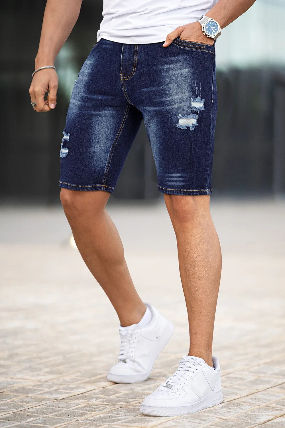 Buy $80 Free Shipping Men's Denim Short - Ripped And Dark Blue (Presale)