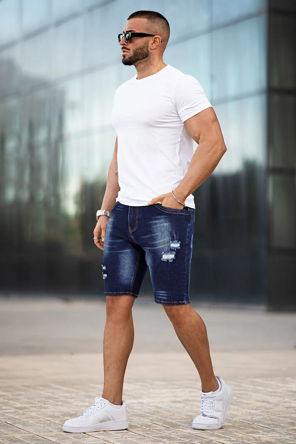 Buy $80 Free Shipping Men's Denim Short - Ripped And Dark Blue (Presale)