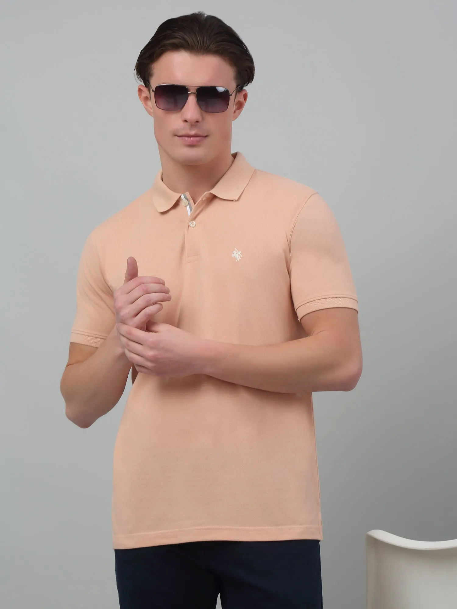 Cantabil Beige Solid Polo Neck Half Sleeve T-shirt For Men