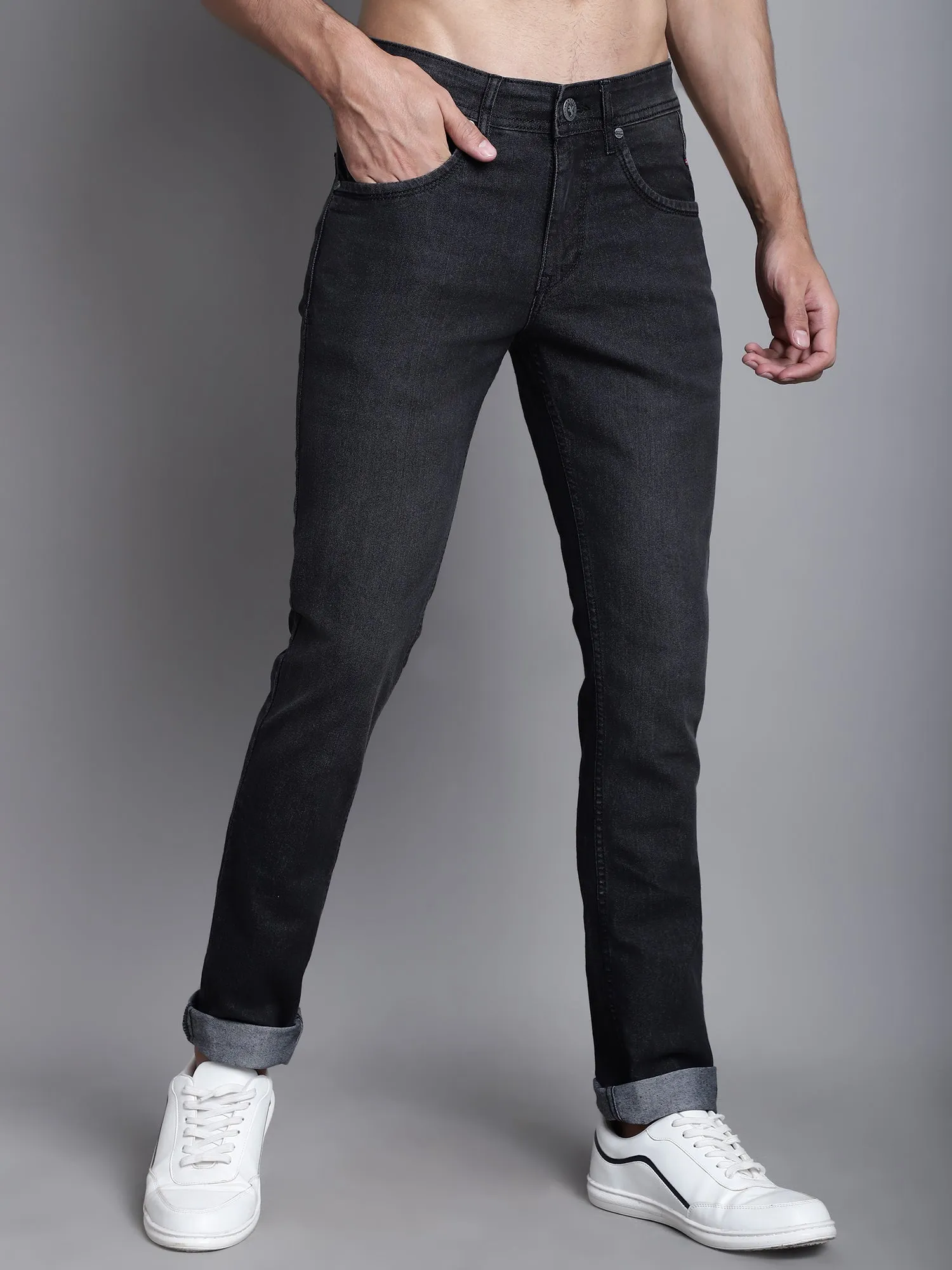 Cantabil Black Solid Cotton Polyester Denim Flat Front Mid Rise Full Length Regular Fit Casual Jeans For Men