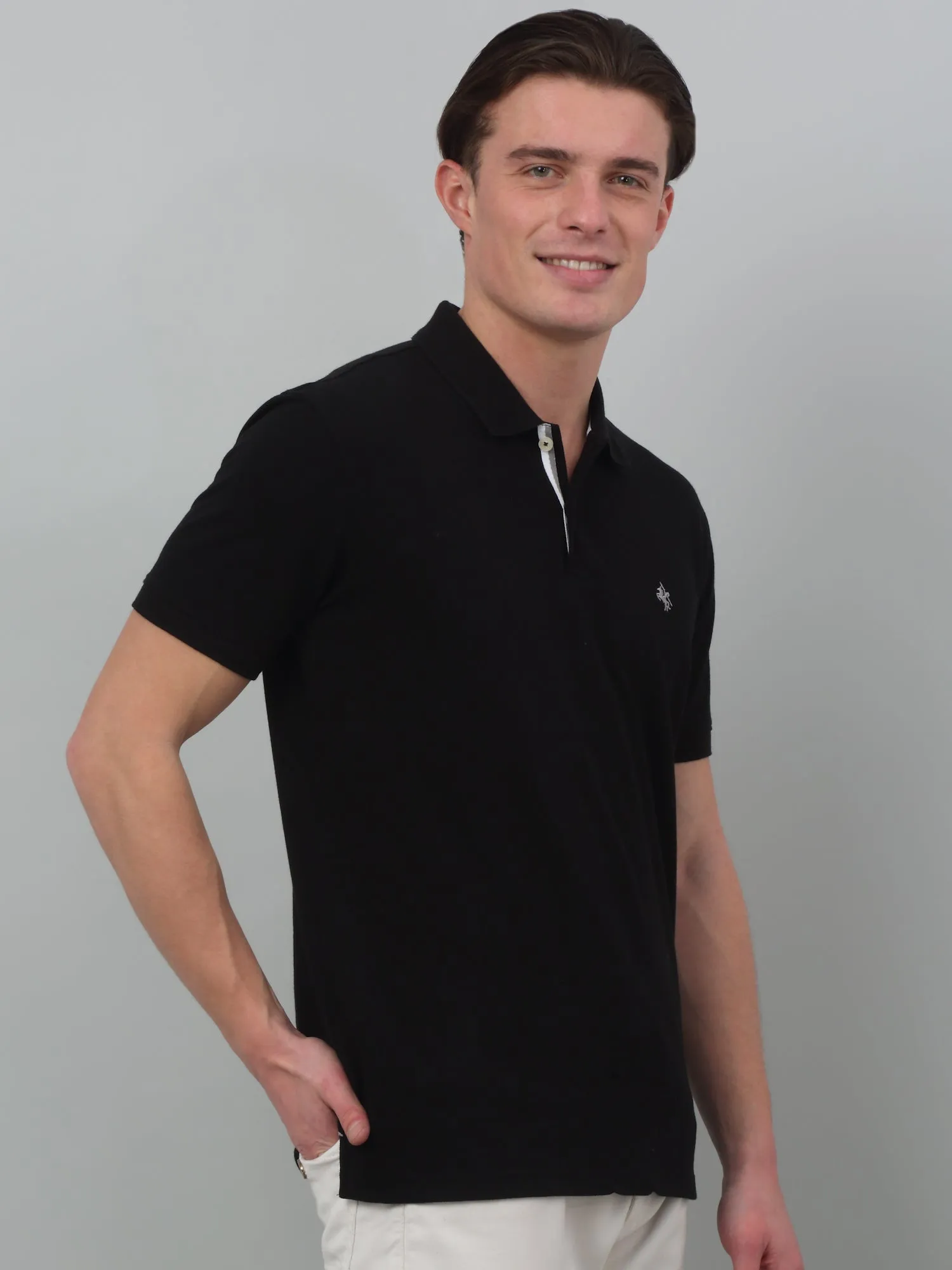 Cantabil Black Solid Polo Neck Half Sleeve T-shirt For Men