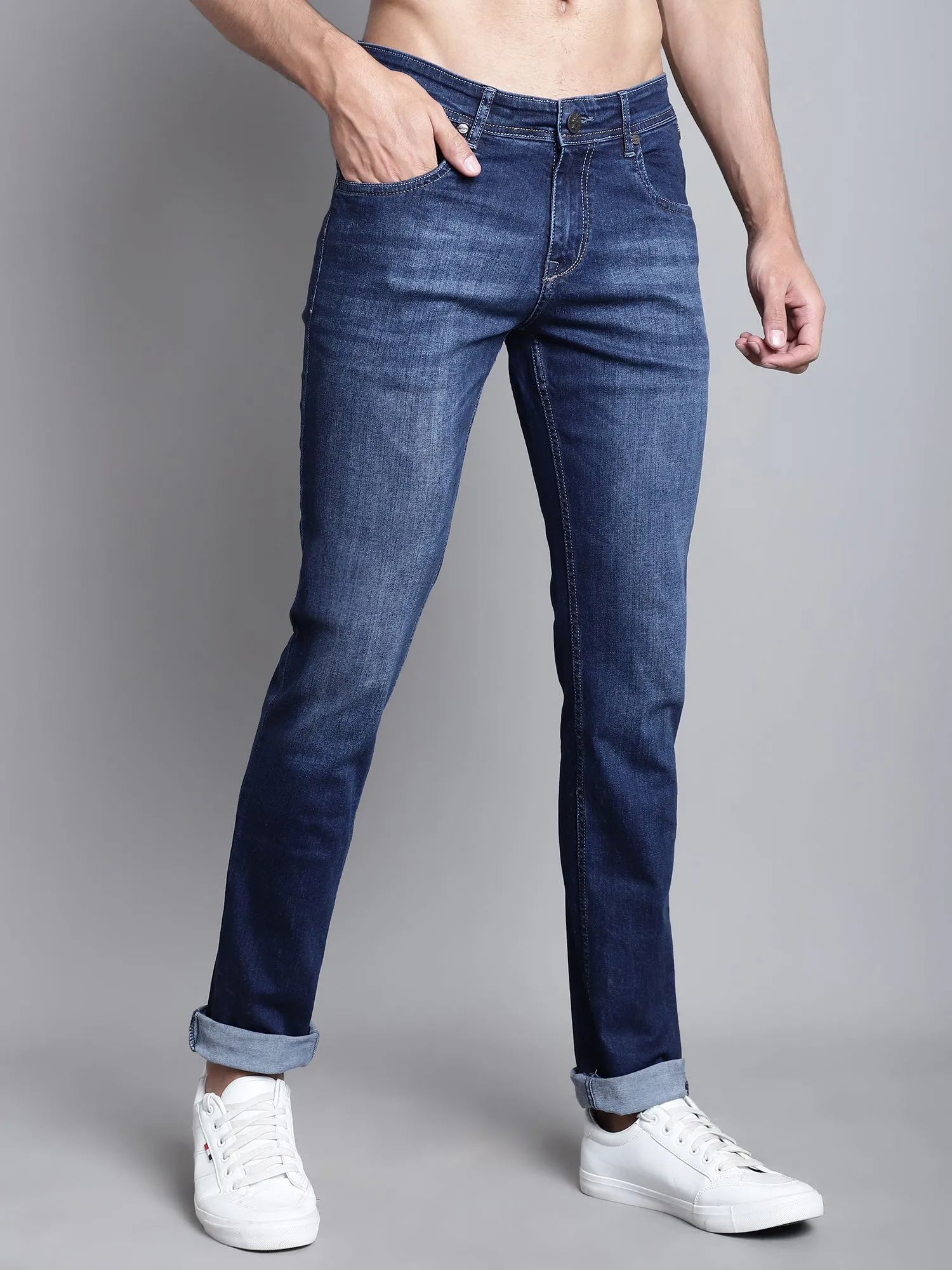 Cantabil Blue Solid Cotton Polyester Denim Flat Front Mid Rise Full Length Regular Fit Casual Jeans For Men