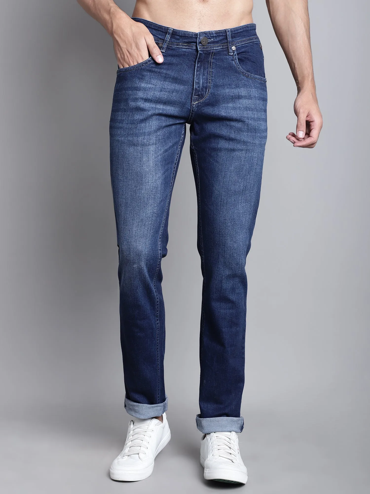 Cantabil Blue Solid Cotton Polyester Denim Flat Front Mid Rise Full Length Regular Fit Casual Jeans For Men