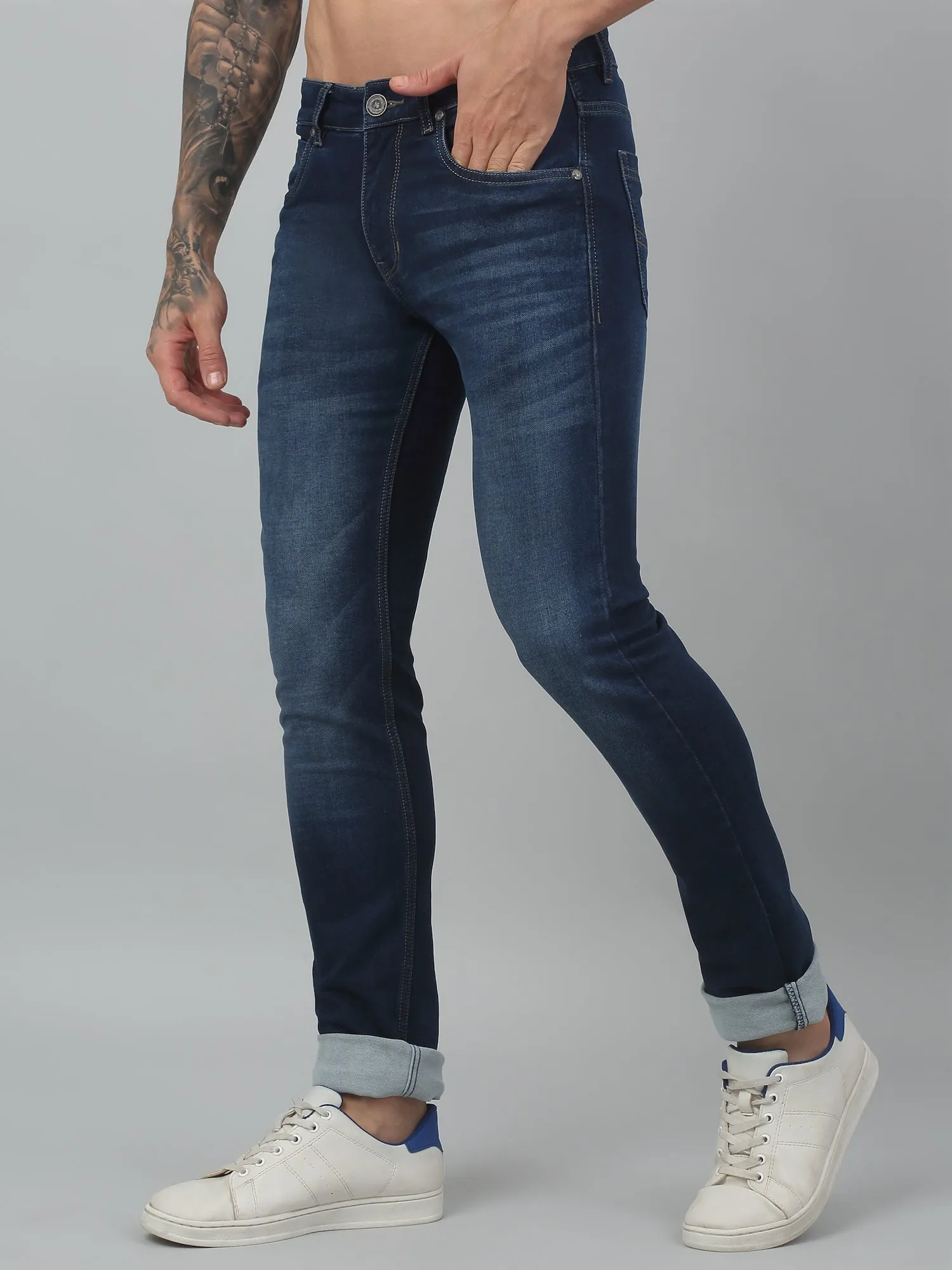 Cantabil Blue Solid Mid Rise Full Length Stretchable Jeans For Men