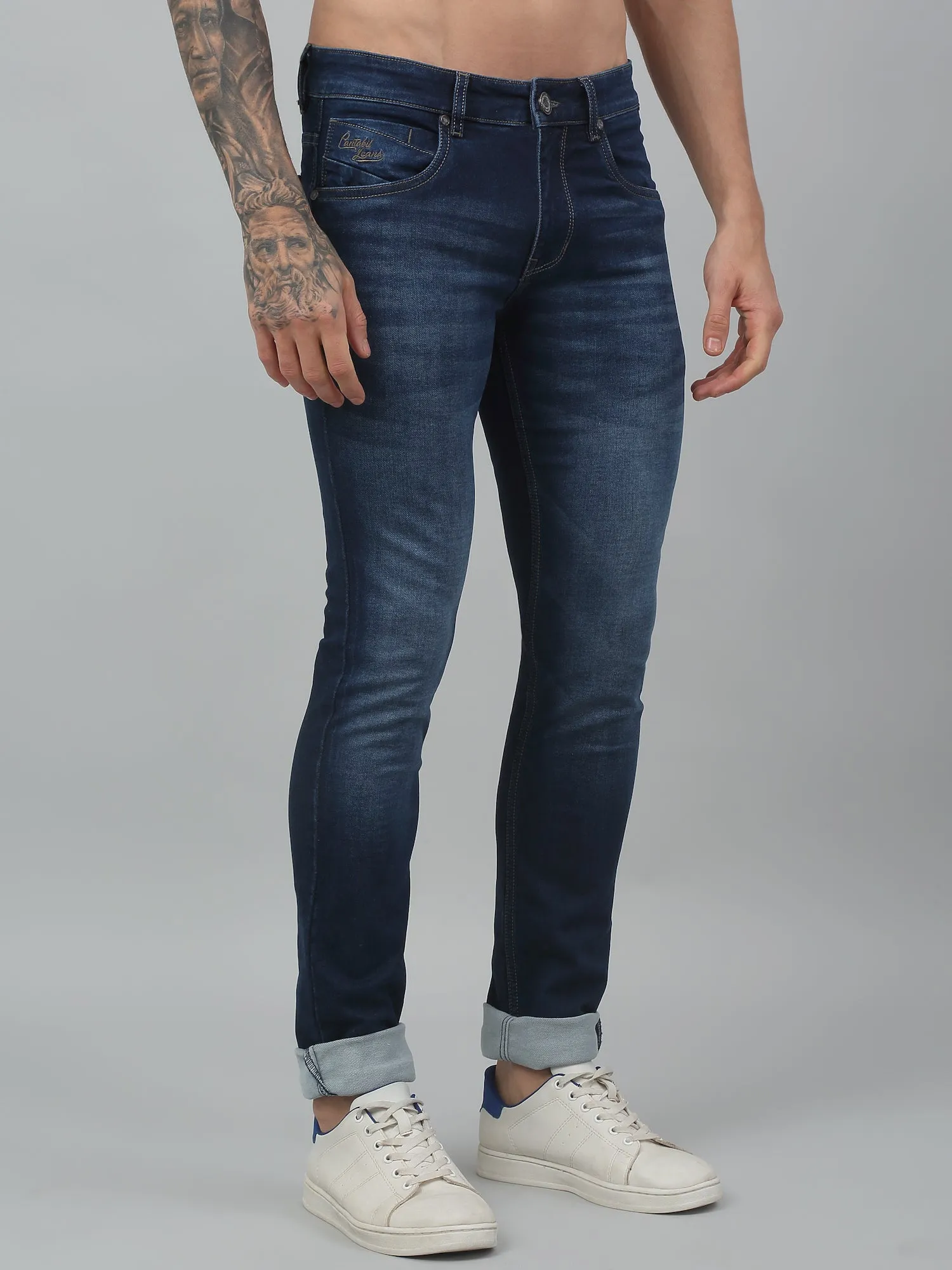 Cantabil Blue Solid Mid Rise Full Length Stretchable Jeans For Men