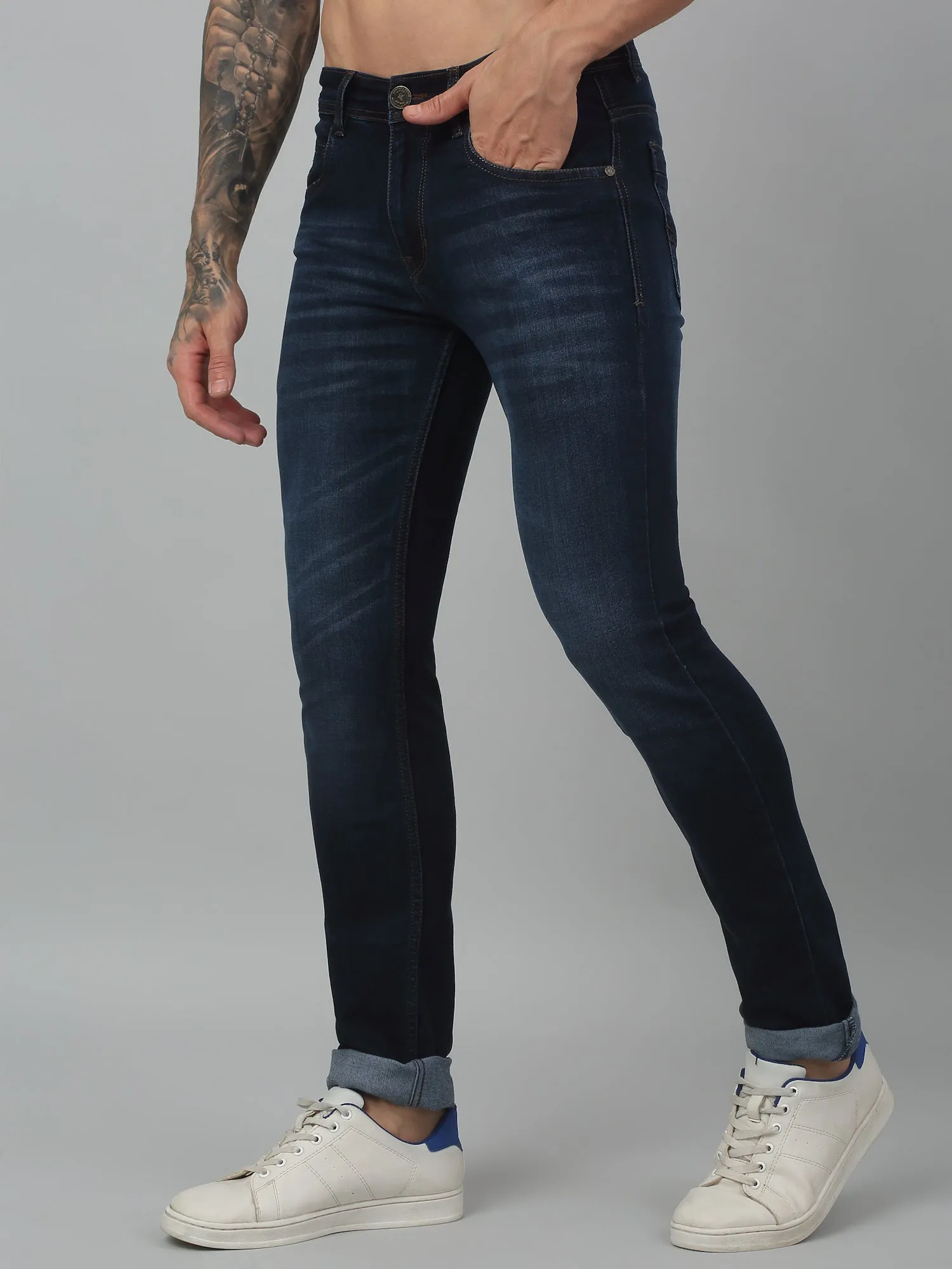 Cantabil Blue Solid Mid Rise Full Length Stretchable Jeans For Men