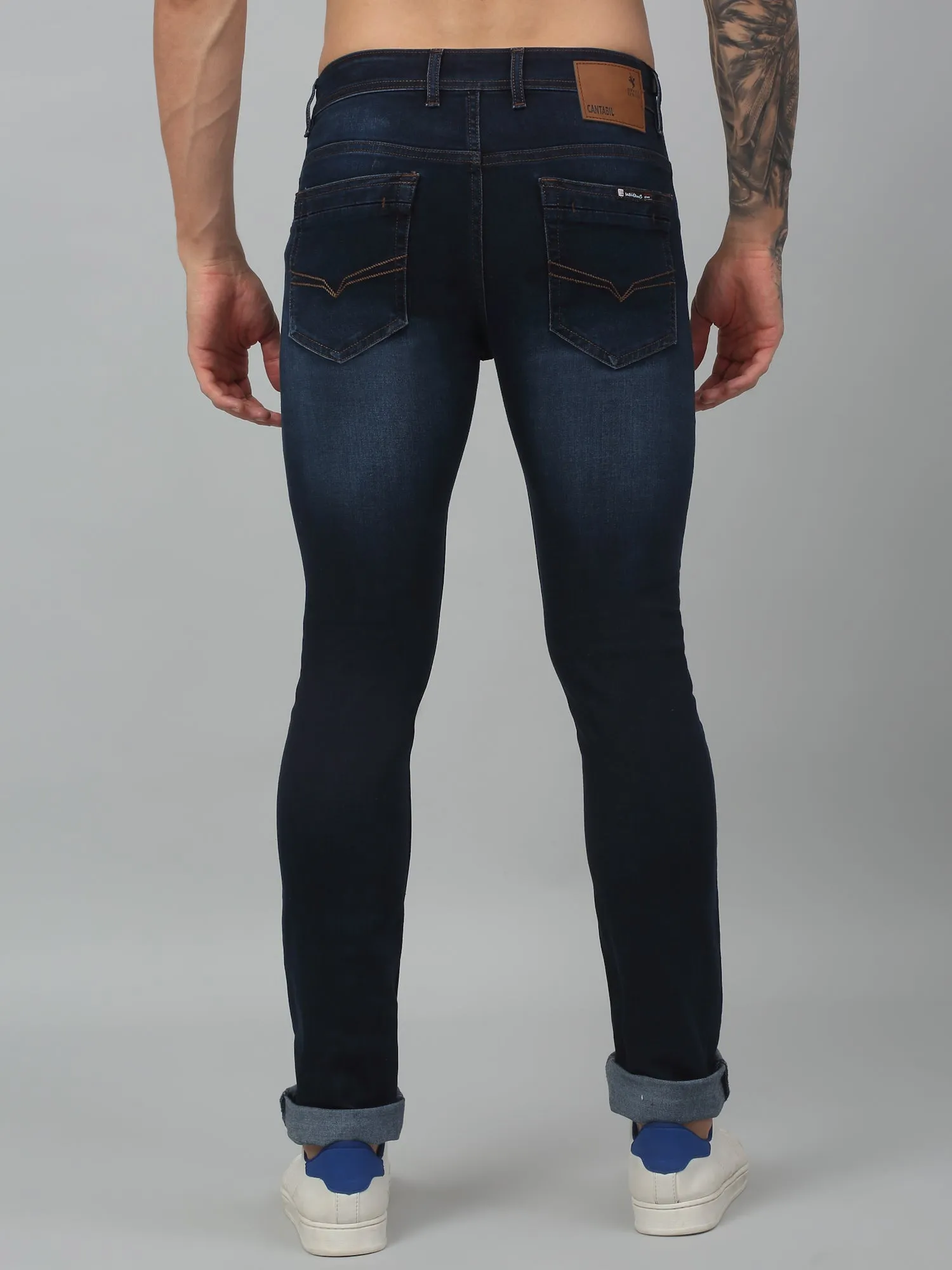 Cantabil Blue Solid Mid Rise Full Length Stretchable Jeans For Men