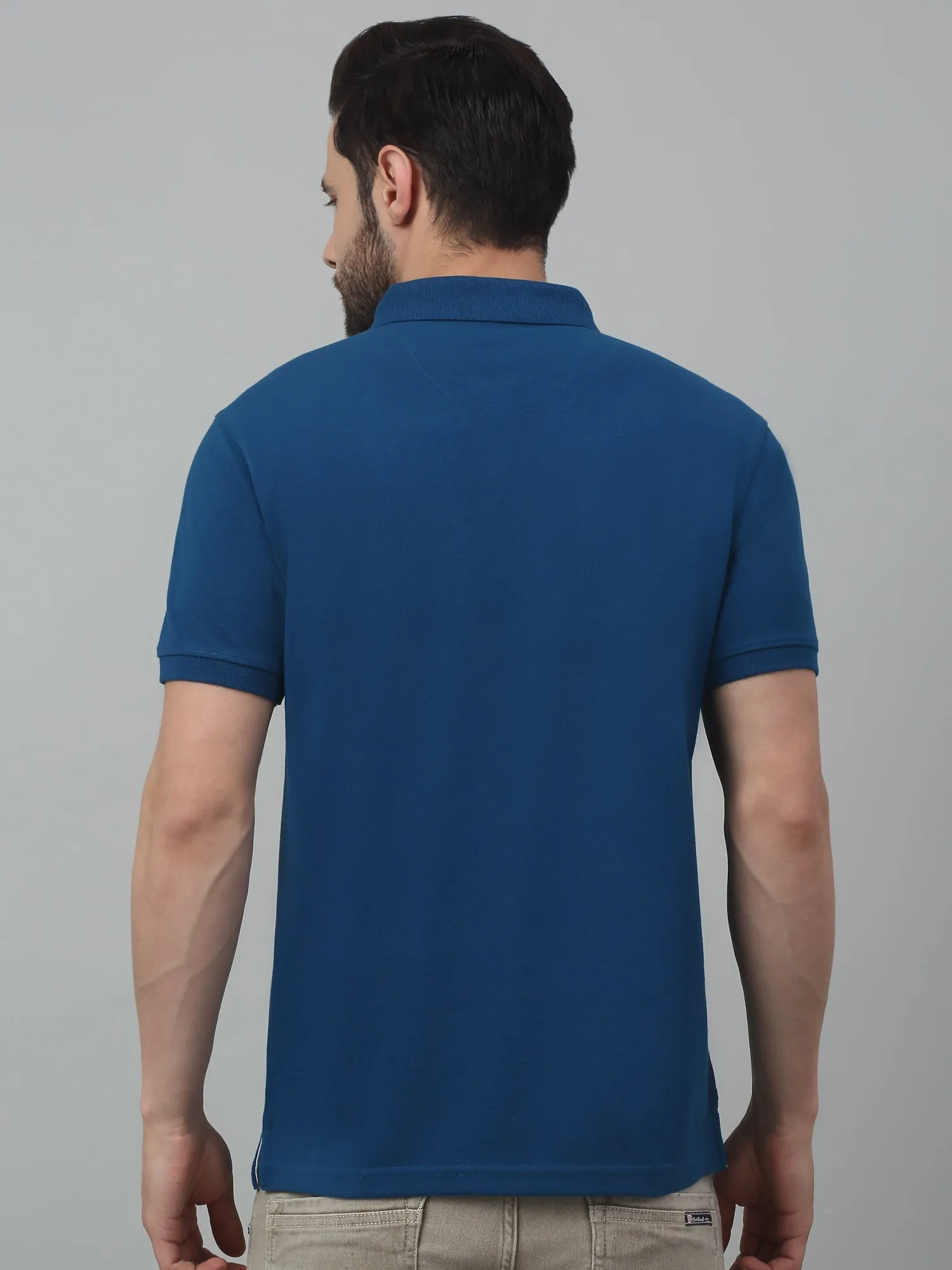 Cantabil Blue Solid Polo Neck Half Sleeve T-shirt For Men