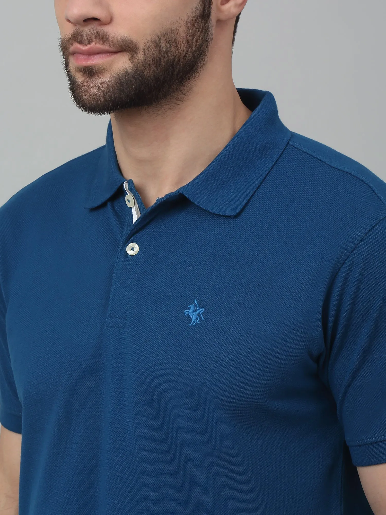 Cantabil Blue Solid Polo Neck Half Sleeve T-shirt For Men