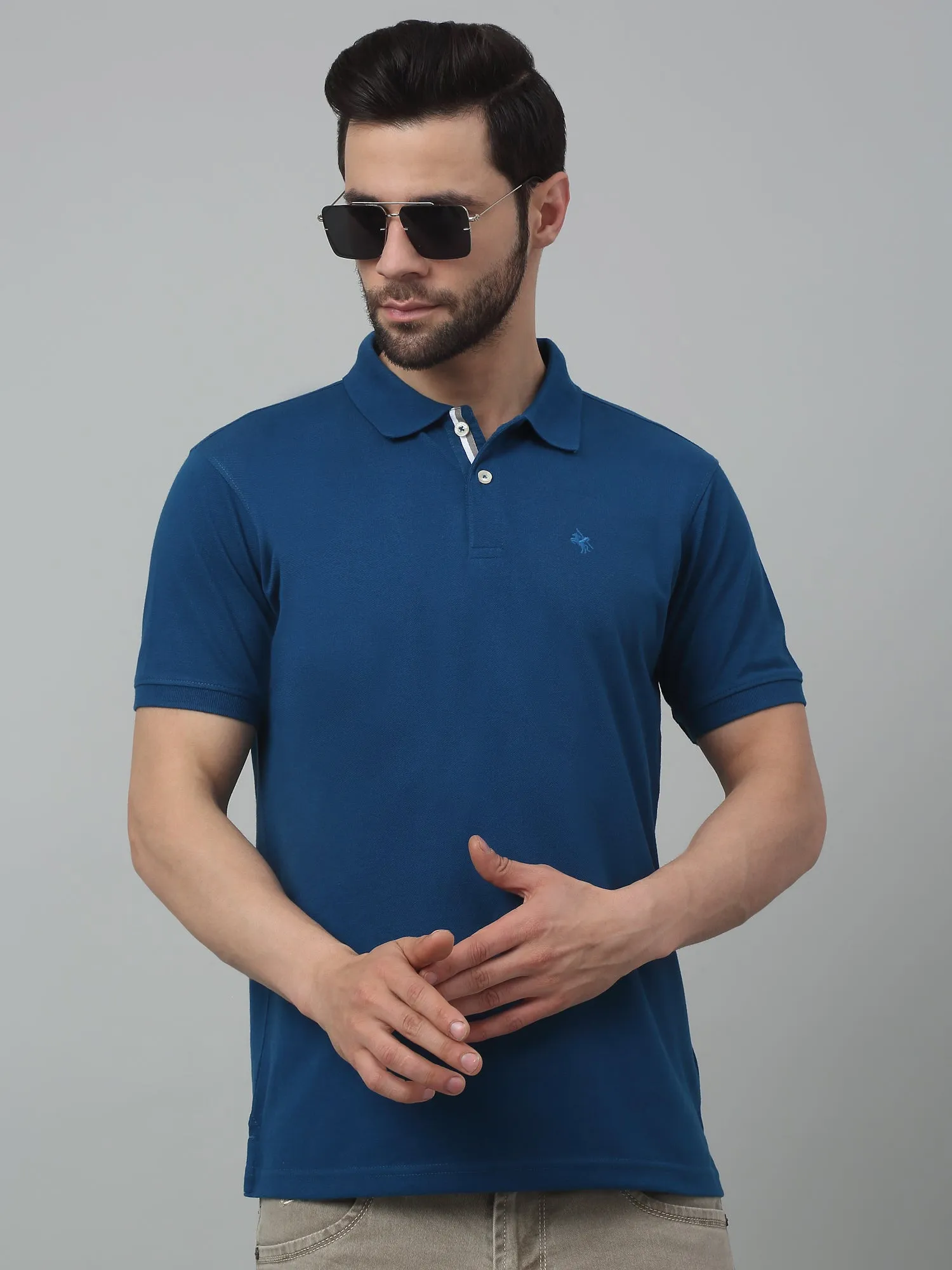 Cantabil Blue Solid Polo Neck Half Sleeve T-shirt For Men