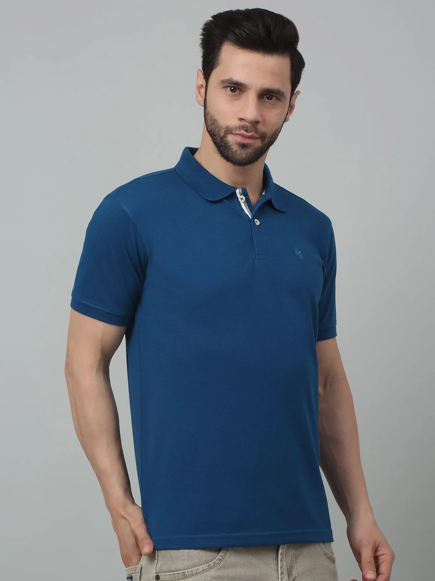 Cantabil Blue Solid Polo Neck Half Sleeve T-shirt For Men