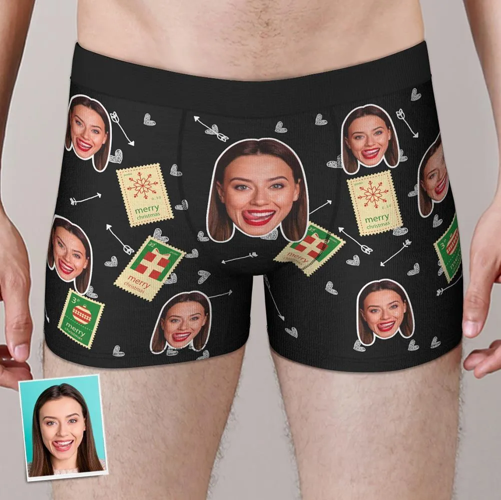 Custom Christmas Love Stamps Face Boxers Shorts Personalised Photo Underwear Christmas Gift for Men