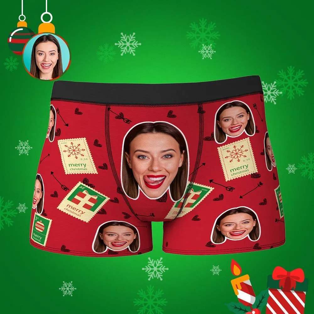 Custom Christmas Love Stamps Face Boxers Shorts Personalised Photo Underwear Christmas Gift for Men