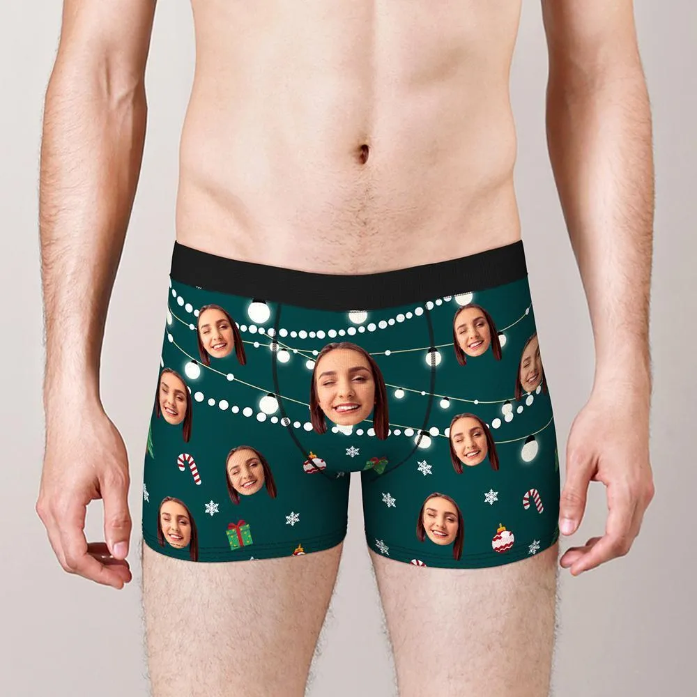 Custom Face Boxers Shorts Christmas Lights Personalised Photo Underwear Christmas Gift for Men