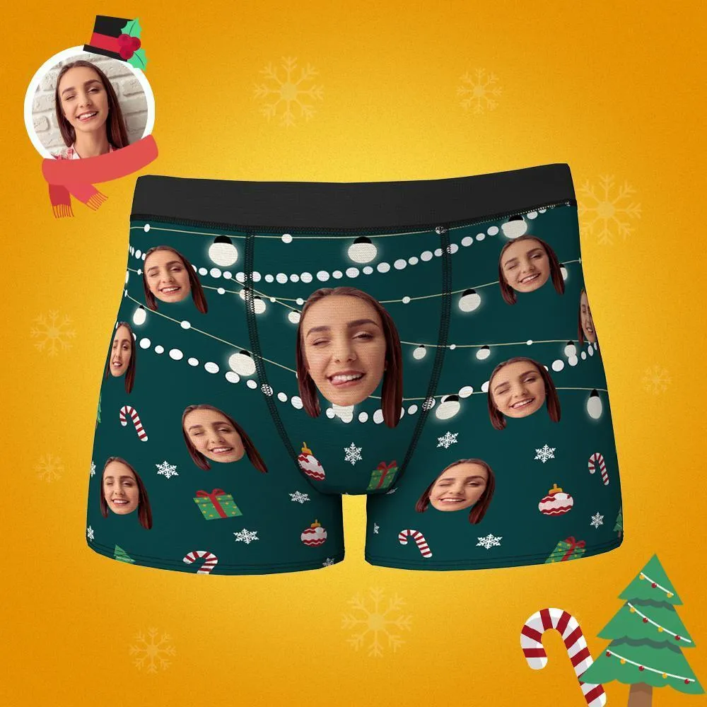 Custom Face Boxers Shorts Christmas Lights Personalised Photo Underwear Christmas Gift for Men