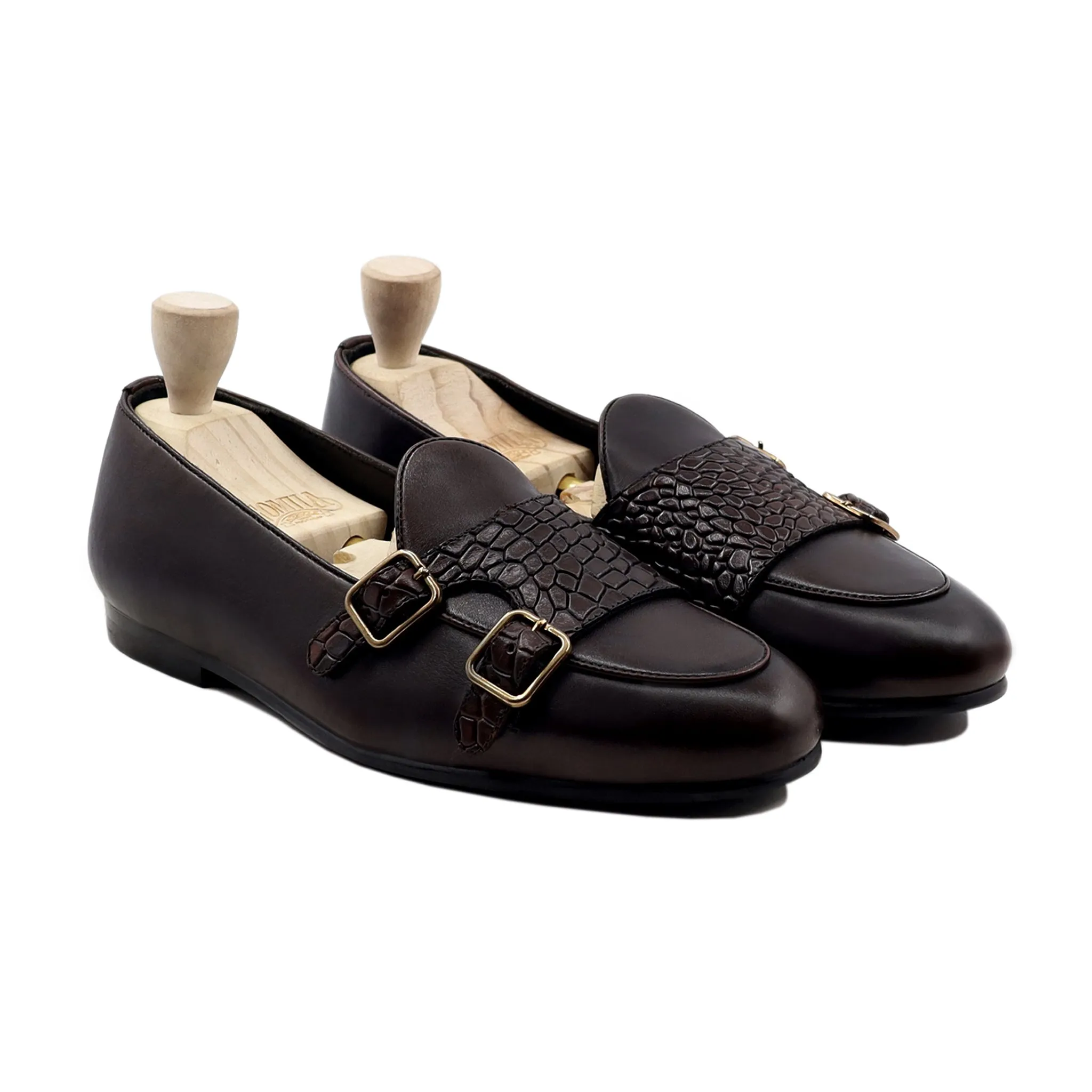 Dalil - Men's Dark Brown Calf And Printed Crocodile Leather Double Monkstrap