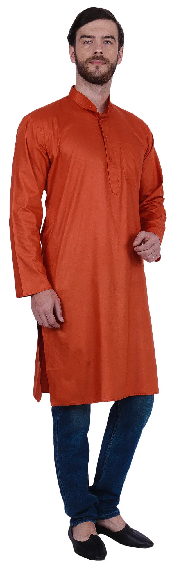 Elegant Cotton Men's Long Kurta India Clothing (Orange)