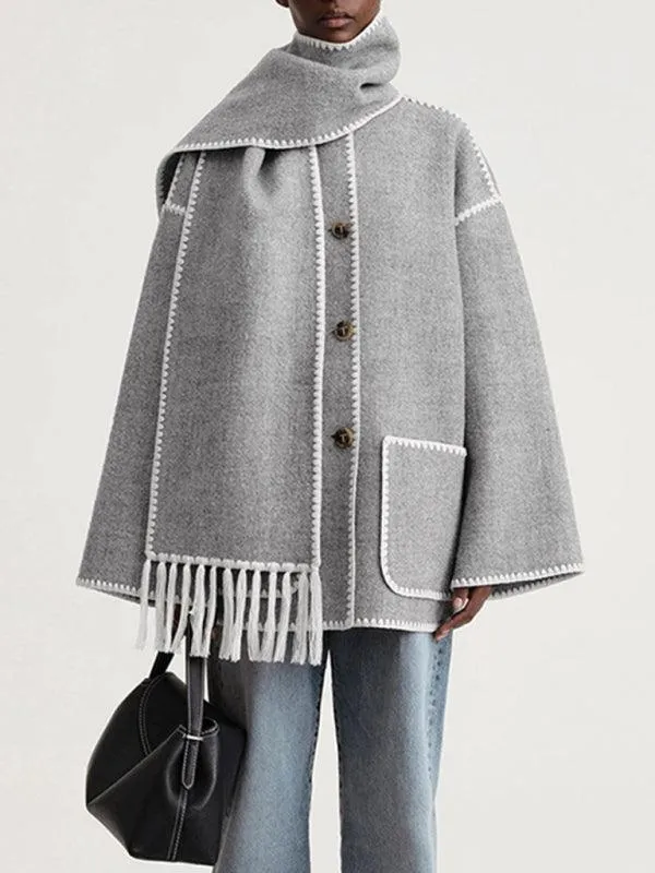 Fringed Scarf Collar Women Woolen Coat