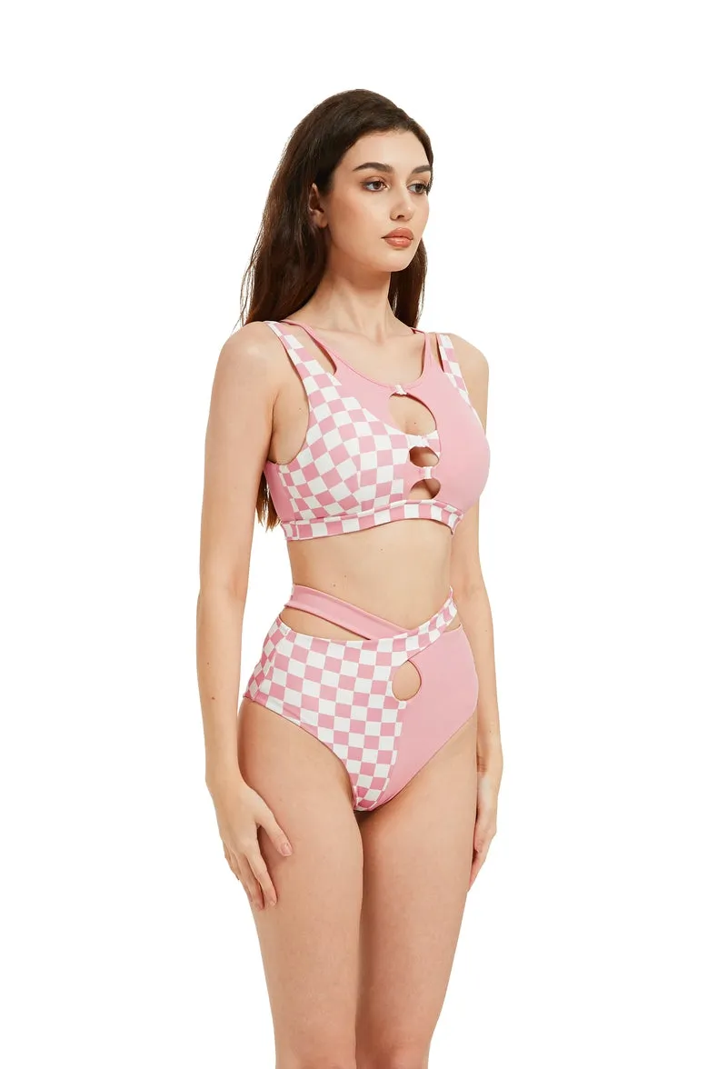 Hamade Activewear Hollow Front Top - Checkered Light Pink