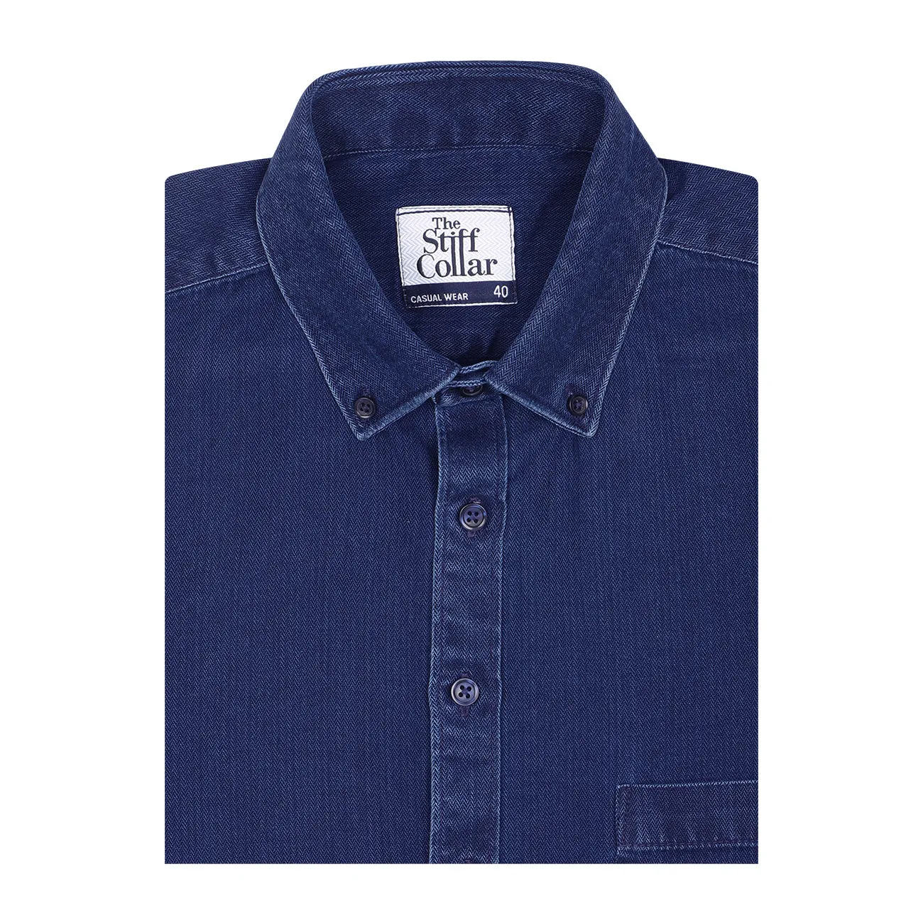 Indigo Blue Herringbone Denim Washed Button Down Collar Shirt