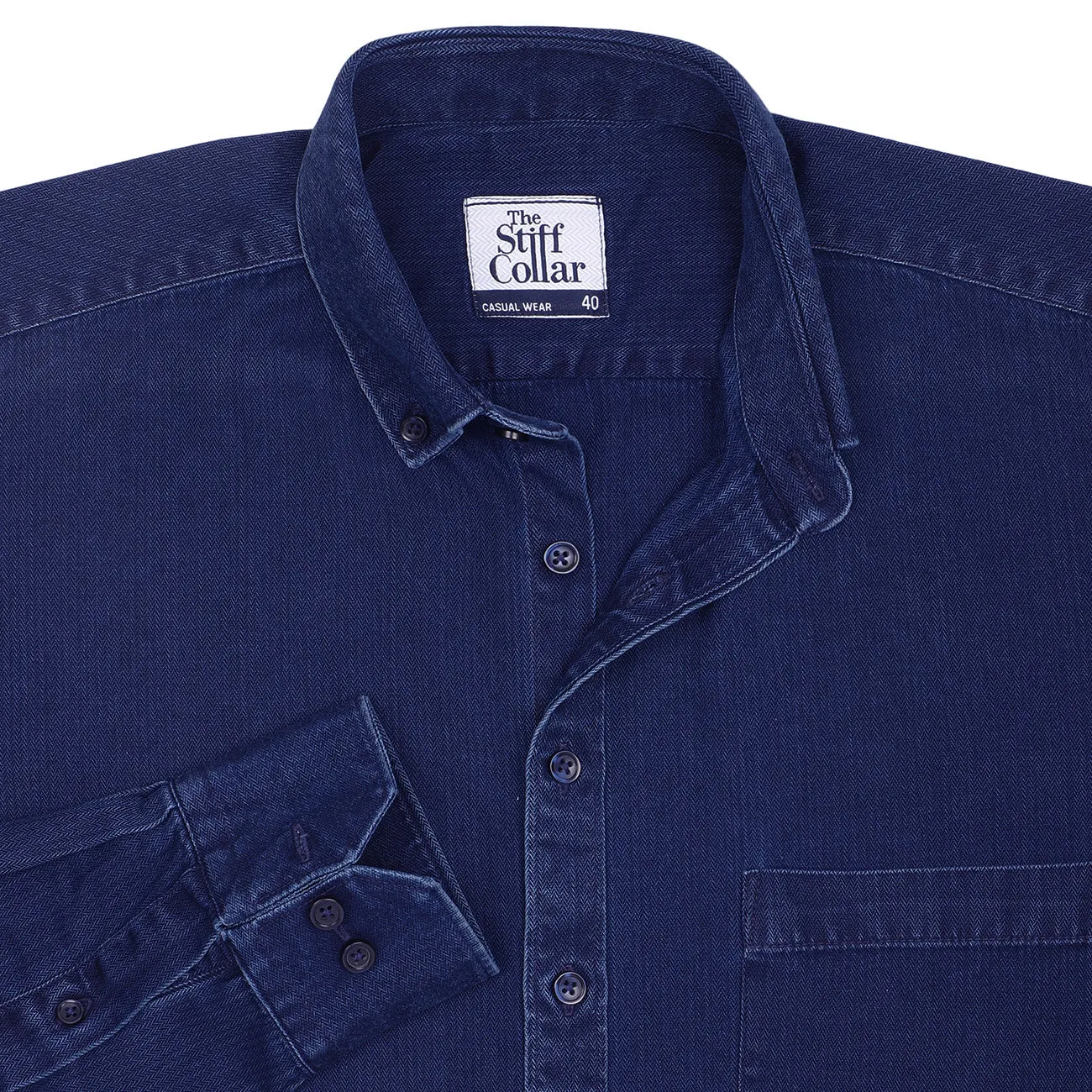 Indigo Blue Herringbone Denim Washed Button Down Collar Shirt