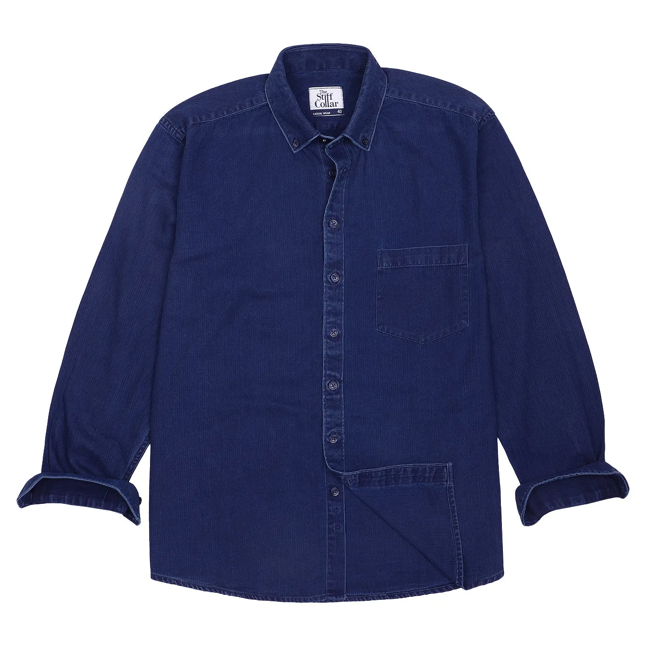 Indigo Blue Herringbone Denim Washed Button Down Collar Shirt