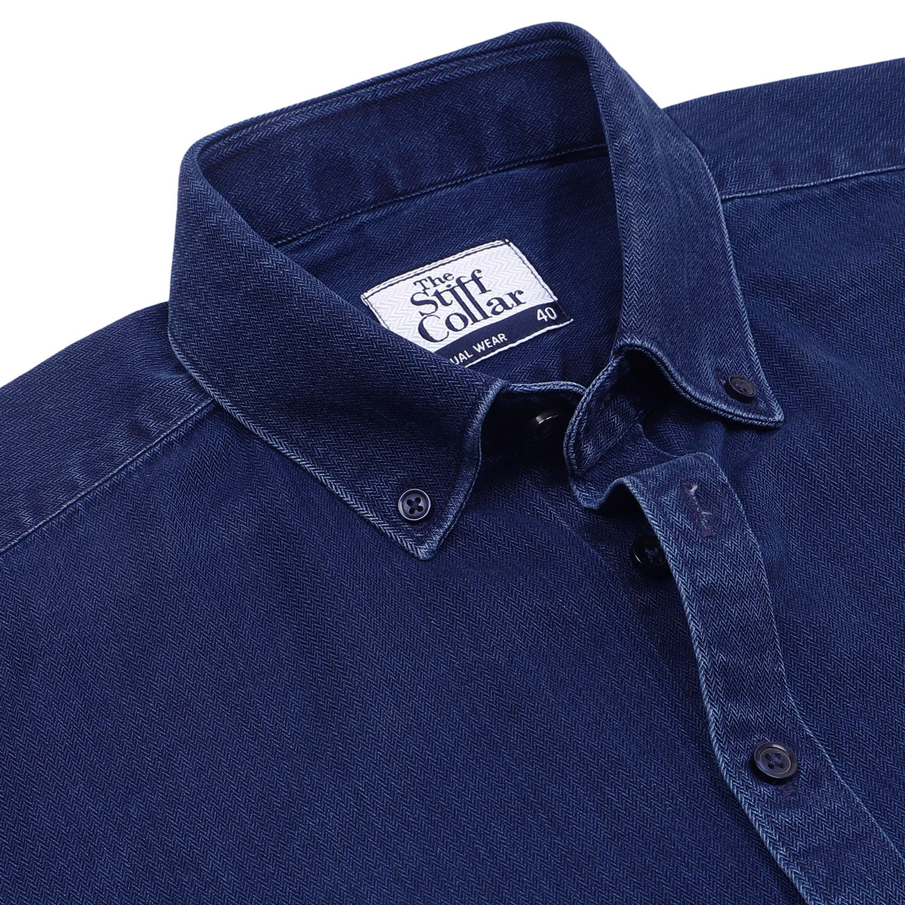 Indigo Blue Herringbone Denim Washed Button Down Collar Shirt