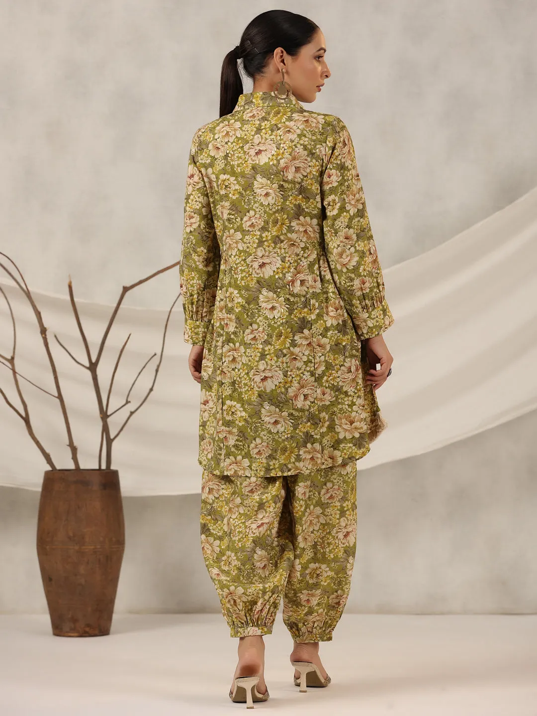 Juniper  Green Floral Printed Muslin Printed Tunic & Pants With Mirror Work