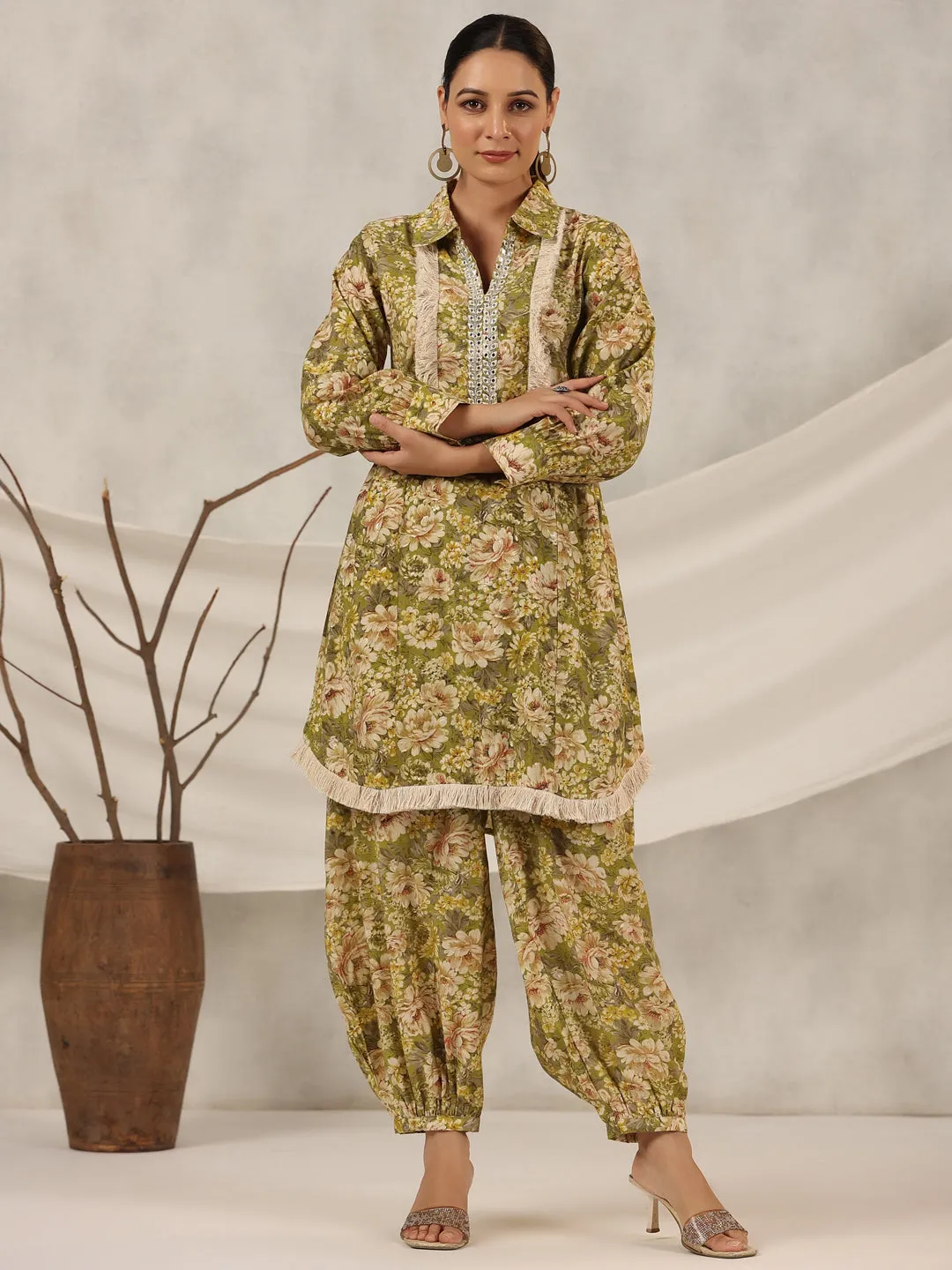 Juniper  Green Floral Printed Muslin Printed Tunic & Pants With Mirror Work