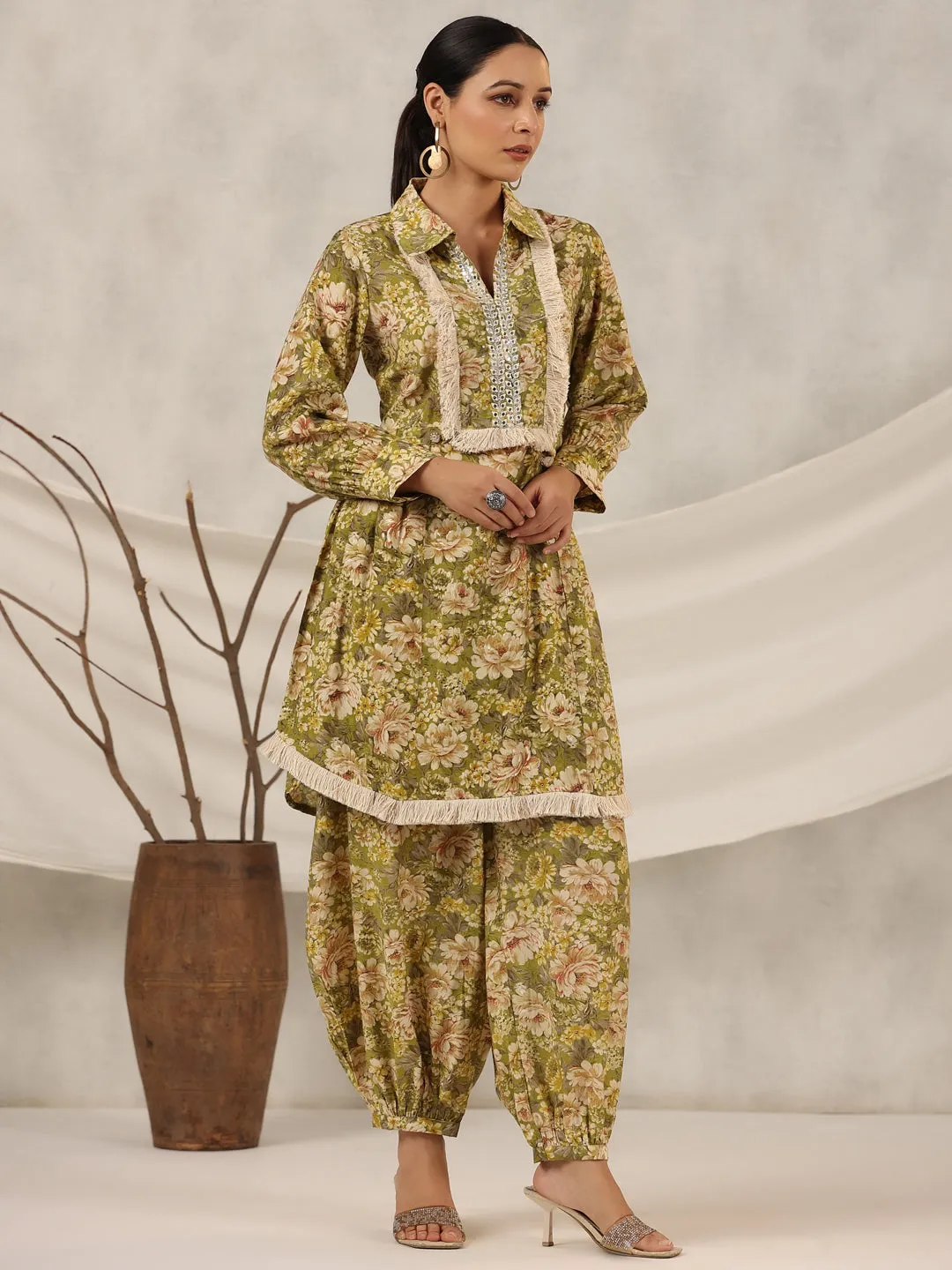 Juniper  Green Floral Printed Muslin Printed Tunic & Pants With Mirror Work