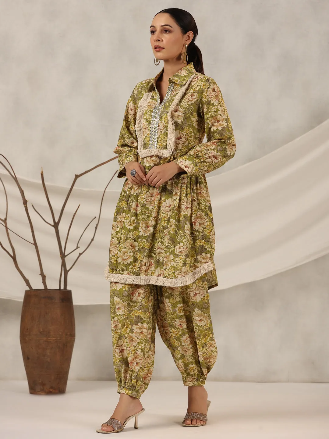 Juniper  Green Floral Printed Muslin Printed Tunic & Pants With Mirror Work