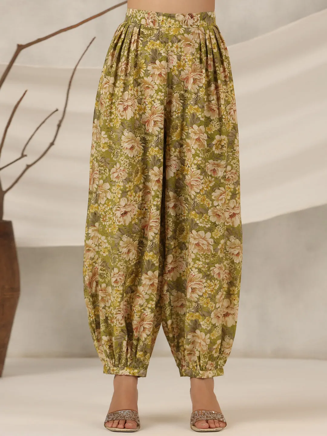 Juniper  Green Floral Printed Muslin Printed Tunic & Pants With Mirror Work