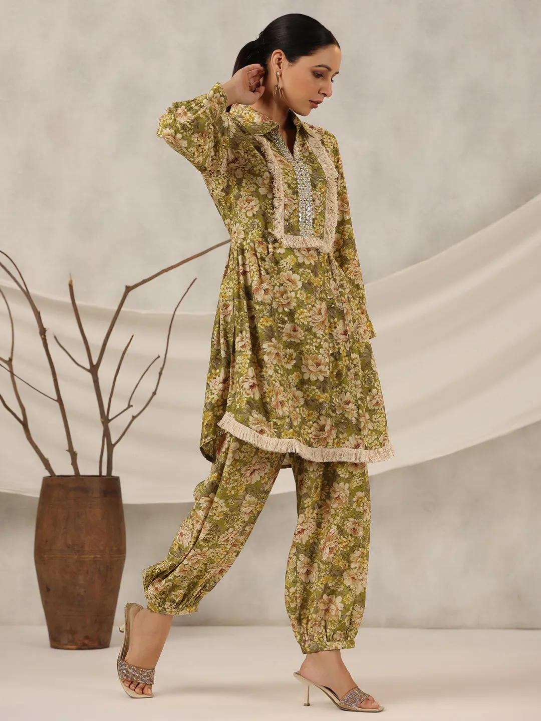 Juniper  Green Floral Printed Muslin Printed Tunic & Pants With Mirror Work