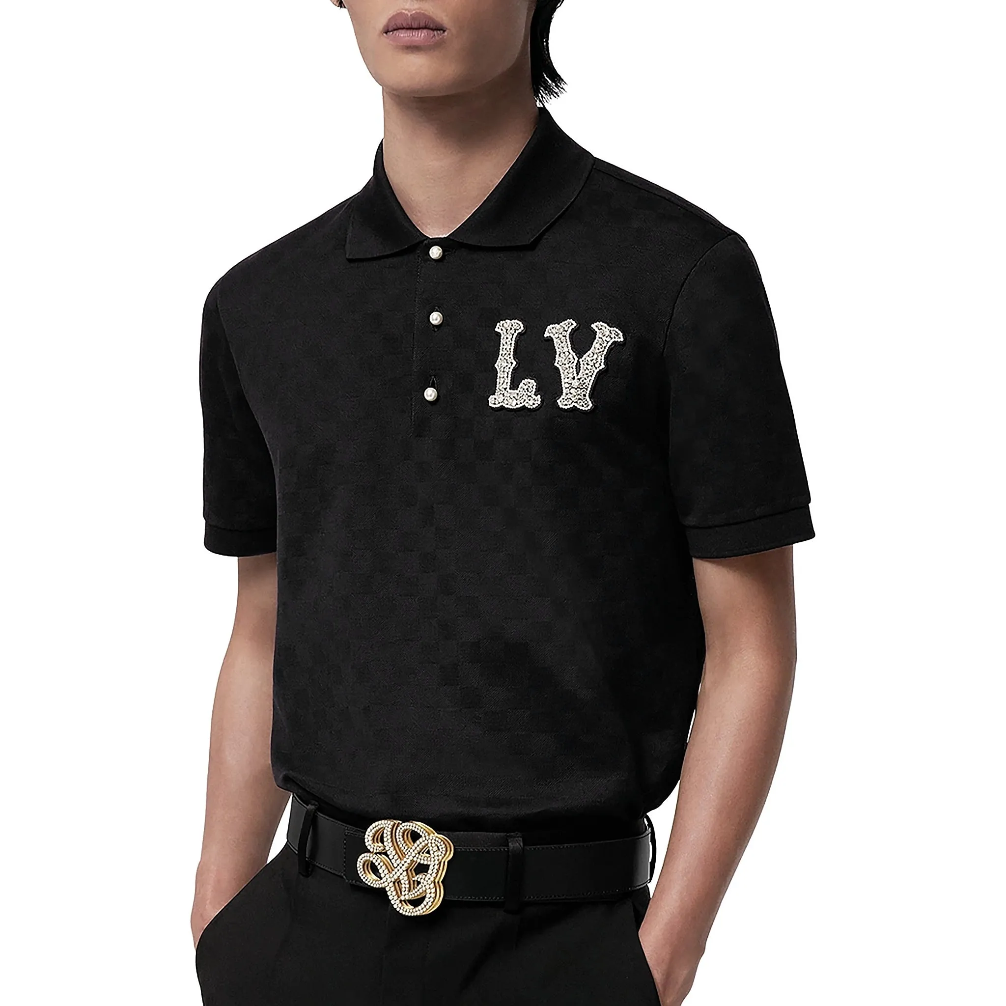 Louis Vuitton Damier LV Crystal Patch Black Pique Polo Shirt for Men - Luxury Designer Fashion