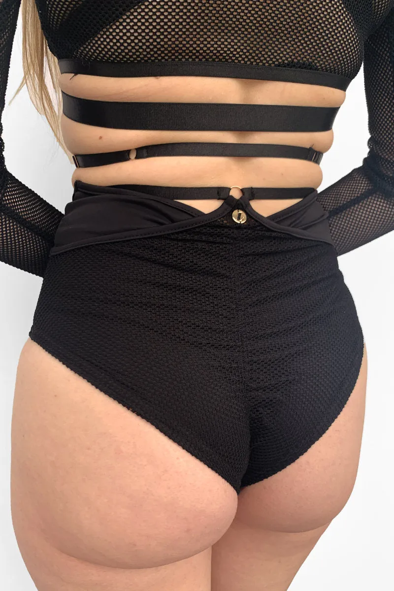 Lunalae Sasha V Cut Out Long Sleeve Top - Recycled Black Mesh